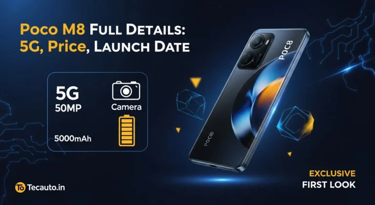 Poco M8 5G smartphone cover image showing key features - 50MP camera, 5000mAh battery, MediaTek processor. Full specifications, price in India, and launch date details on Tecauto.in