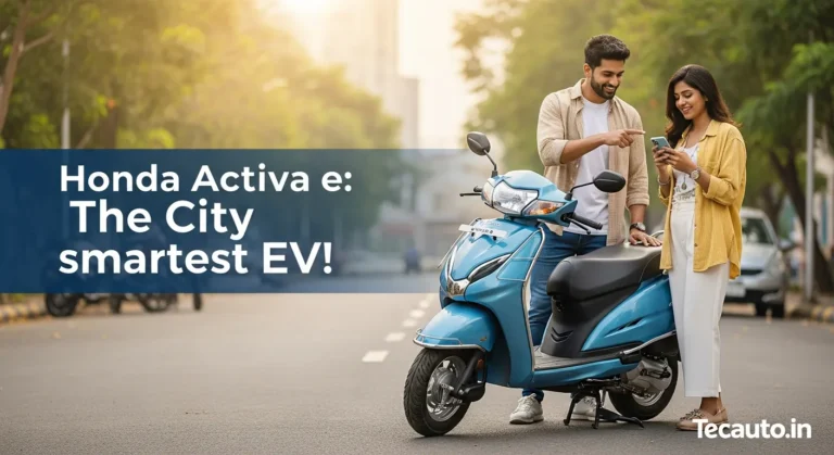 Honda Activa e इलेक्ट्रिक स्कूटर 'पर्ल शैलो ब्लू' रंग में। एक युवा जोड़ा इसके डिजिटल डैशबोर्ड और फीचर्स देख रहा है। Tecauto.in पर पूरी रिव्यू पढ़ें।