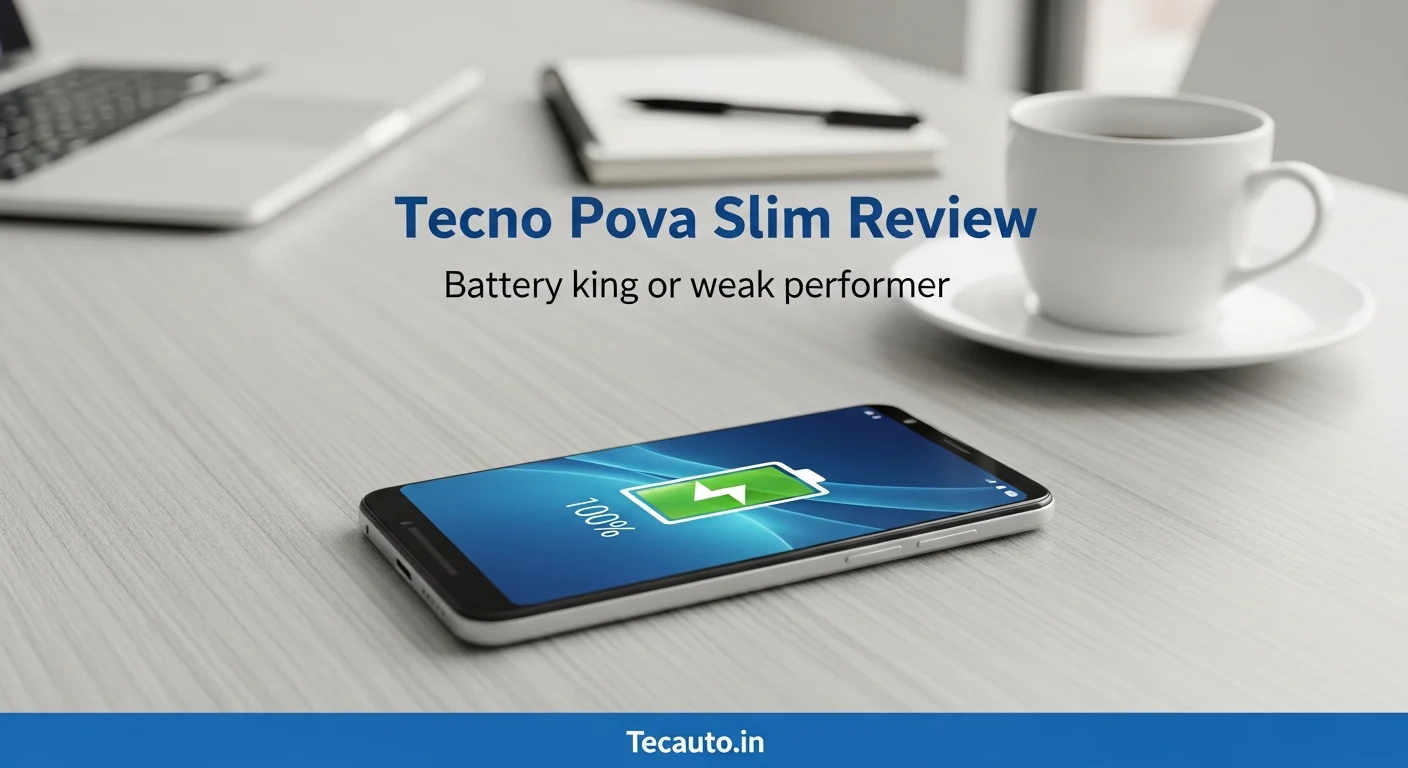 Tecno Pova Slim mobile phone resting on a table with a full battery icon on screen, reviewed by Tecauto.in. Cover image for article asking if the Pova Slim is a good budget phone with long battery life.