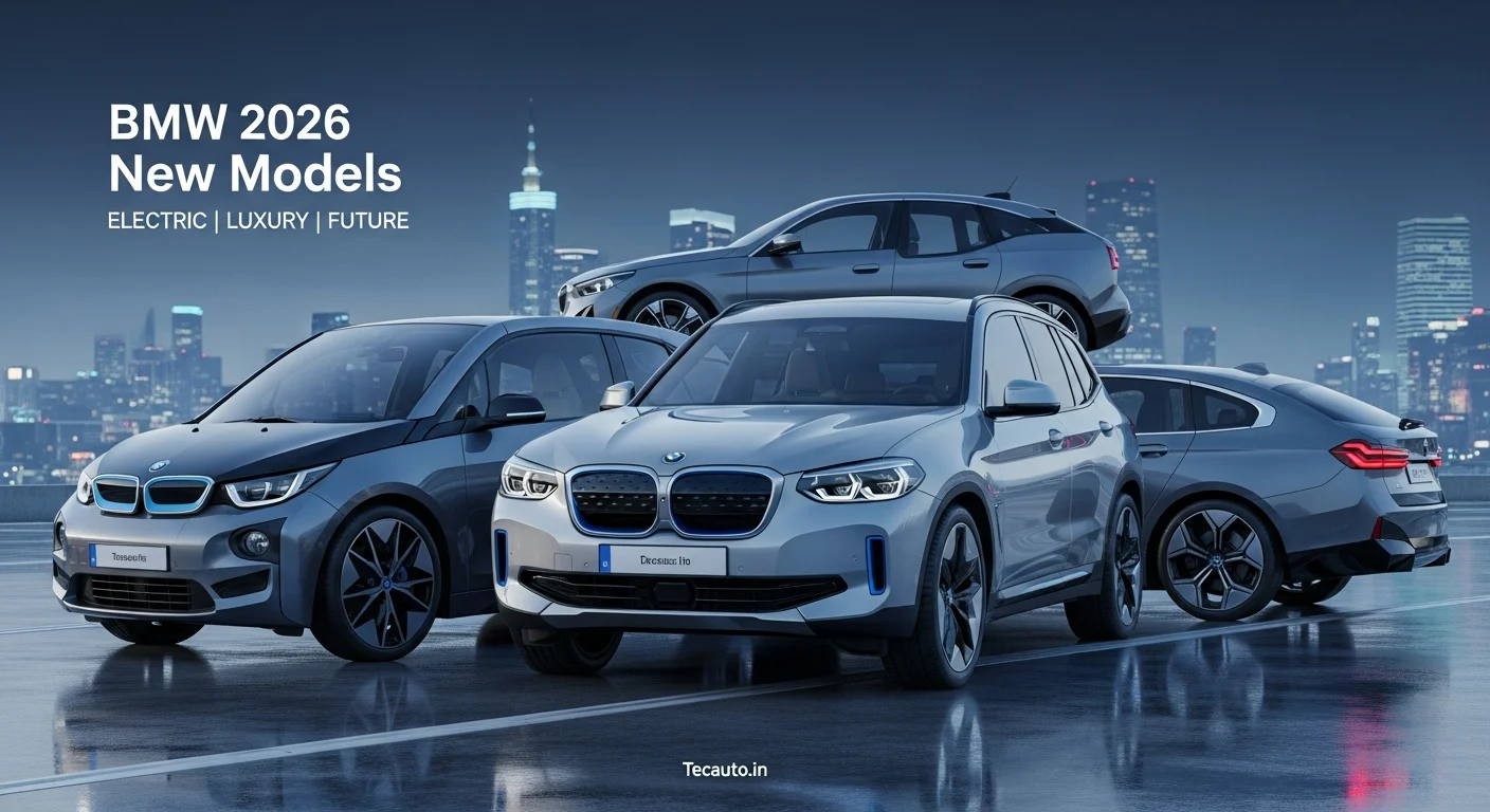 BMW 2026 नए मॉडल्स की फीचर्ड इमेज जिसमें BMW iX3 Neue Klasse, BMW i3 Sedan और BMW i5 LWB इलेक्ट्रिक कारें दिखाई दे रही हैं – Tecauto.in