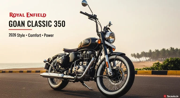Royal Enfield Goan Classic 350 2026 बॉबर बाइक गोवा बीच रोड पर सनसेट के साथ