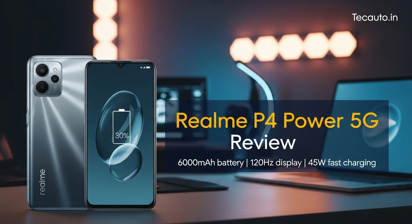 Realme P4 Power 5G review cover image with 6000mAh battery and 120Hz display | Tecauto.in