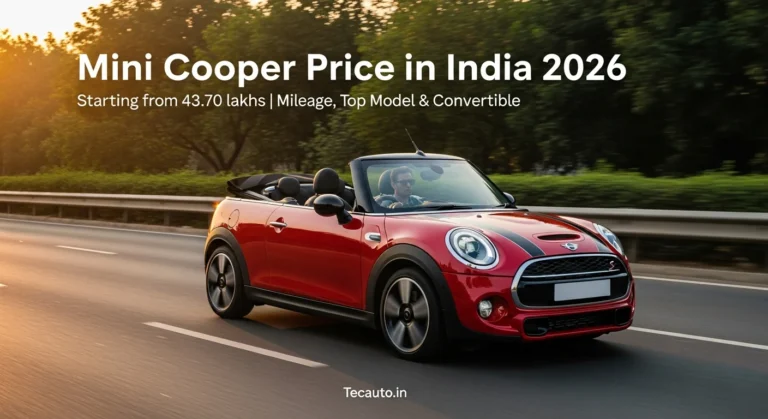 Mini Cooper Convertible red color open roof driving at sunset, Mini Cooper price in India 2026 starting from 43.70 lakh, mileage, top model and convertible details on Tecauto.in