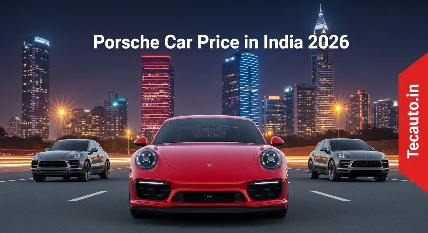 Porsche car price in India 2026 कवर इमेज जिसमें Porsche 911, Macan और Cayenne इलेक्ट्रिक कारें दिखाई गई हैं – Tecauto.in