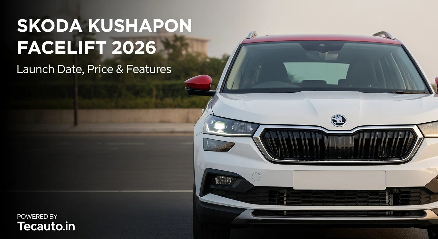Skoda Kushaq Facelift 2026 भारत में लॉन्च डेट, कीमत और फीचर्स दिखाती हुई कवर इमेज