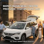 Maruti Suzuki Nexa 7 Seater Price Invicto white color front view with family and text overlay starting at ₹24.97 lakh on Tecauto.in