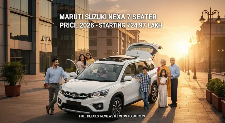 Maruti Suzuki Nexa 7 Seater Price Invicto white color front view with family and text overlay starting at ₹24.97 lakh on Tecauto.in