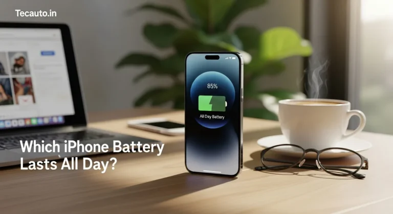An iPhone 15 Pro Max sits on a wooden desk at 85% battery next to a coffee cup and glasses, with text asking "Which iPhone Battery Lasts All Day?" from Tecauto.in