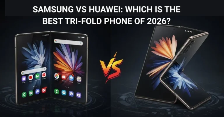 Samsung Galaxy Z TriFold vs Huawei Mate XT Ultimate side-by-side comparison showing foldable phone designs. Full specs, price, and India availability comparison on Tecauto.in